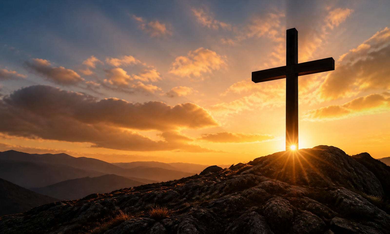 Cross silhouetted against a mountain sunrise