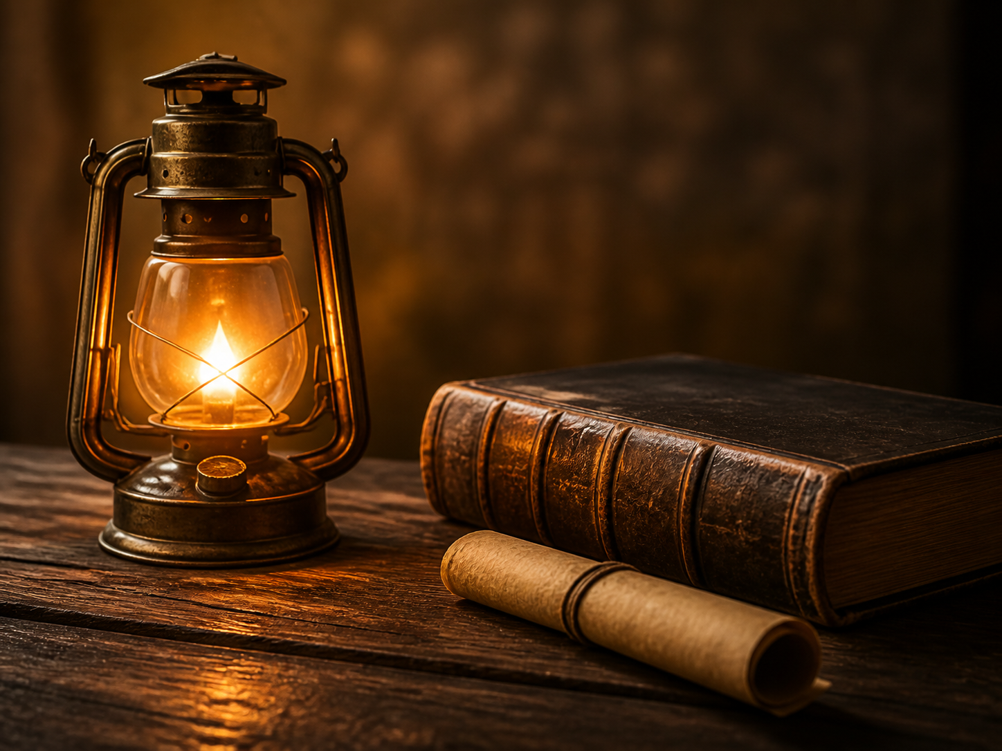 Glowing lantern, Bible, and parchment